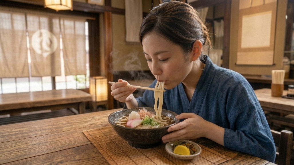 きしめん　麺をすする女性