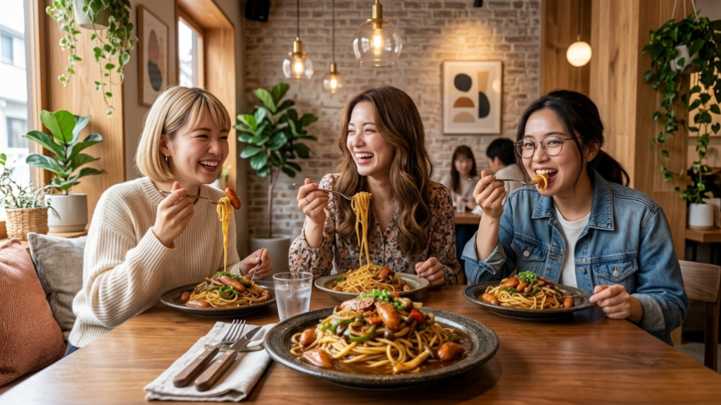 名古屋あんかけスパゲティ：カフェ内の女性3人