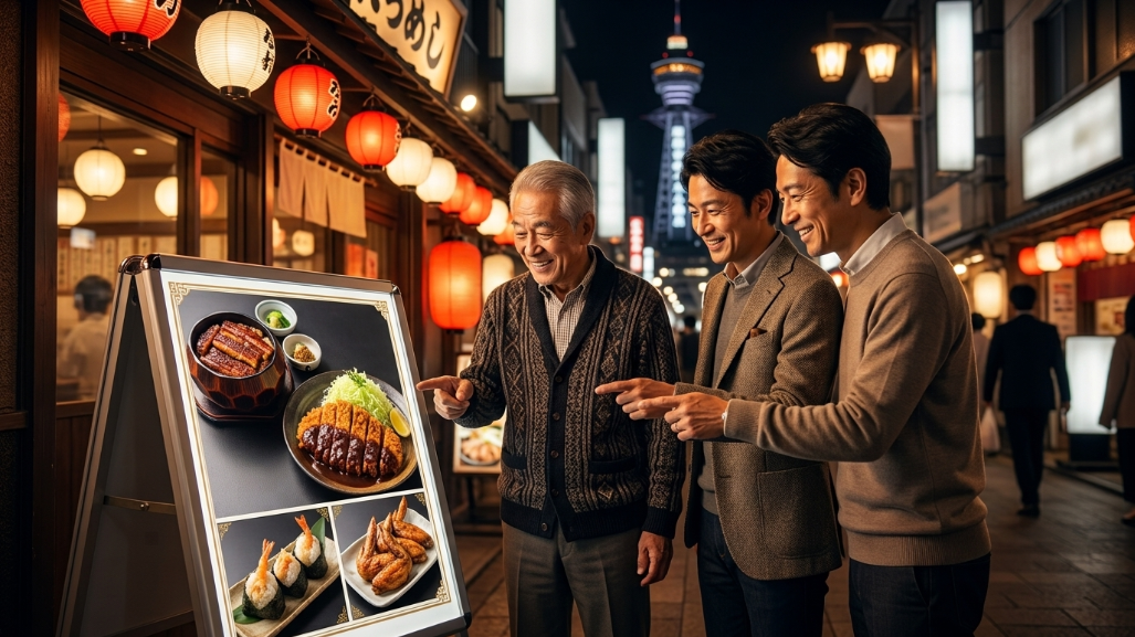 名古屋めしと男性3人・夜の居酒屋前