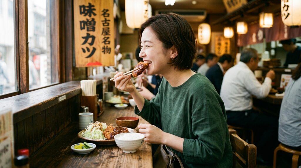 名古屋味噌カツを味わう女性_202607231739