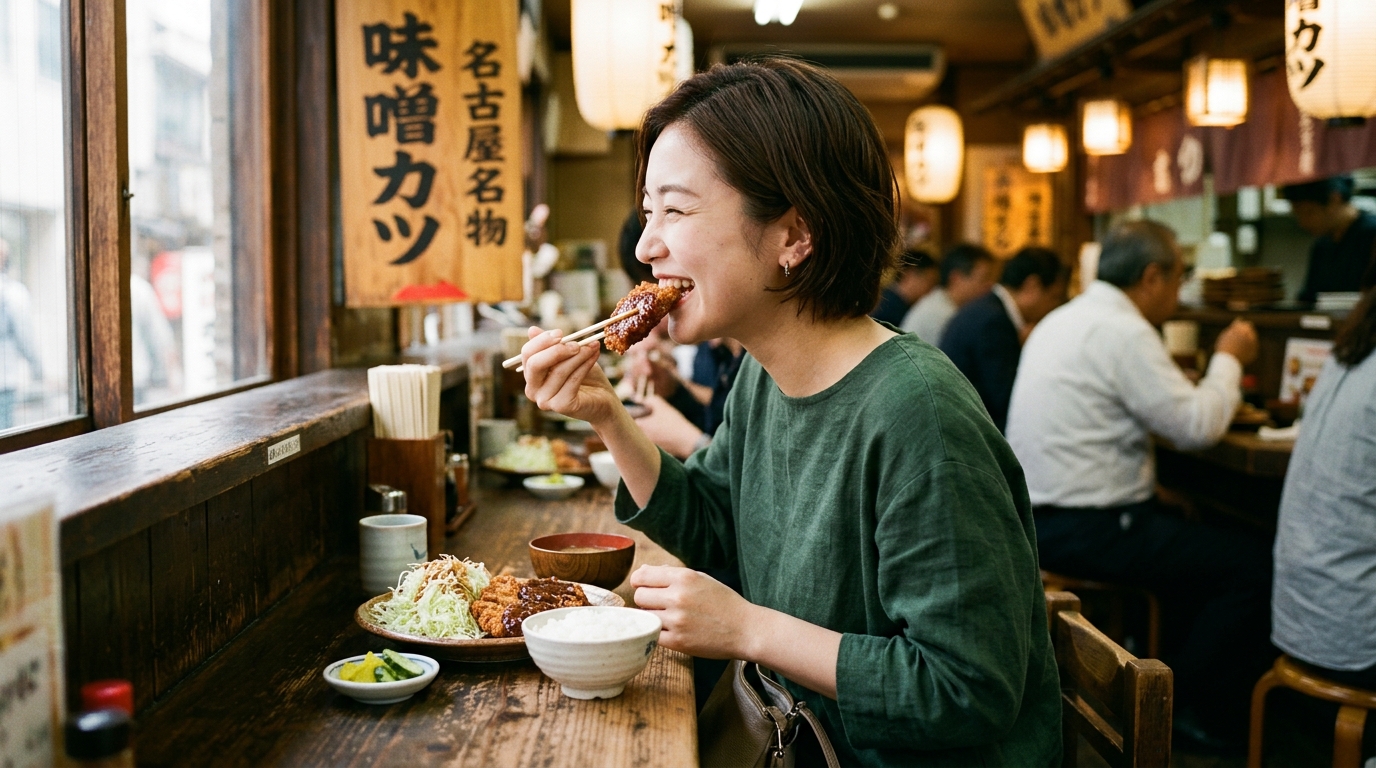 名古屋味噌カツを味わう女性_202607231739