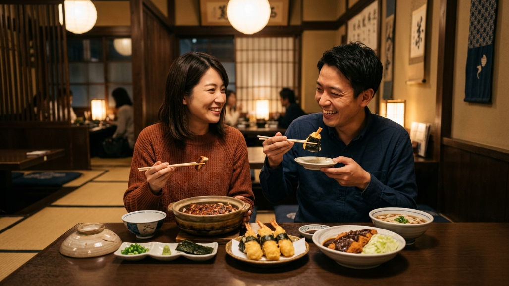 男女カップルと名古屋めし・夜の居酒屋
