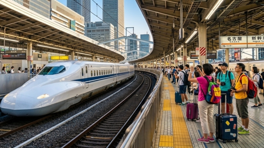 名古屋駅と新幹線：ホームの観光客