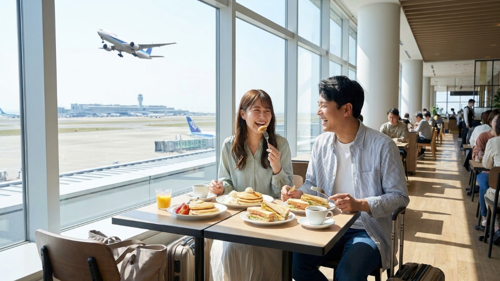 中部国際空港：カフェで食事するカップル