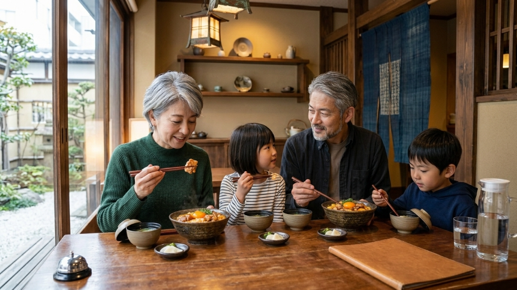 名古屋コーチンの親子丼：60代夫婦と孫たち