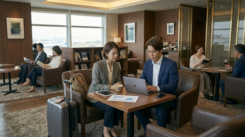 中部国際空港：ラウンジで仕事するサラリーマン