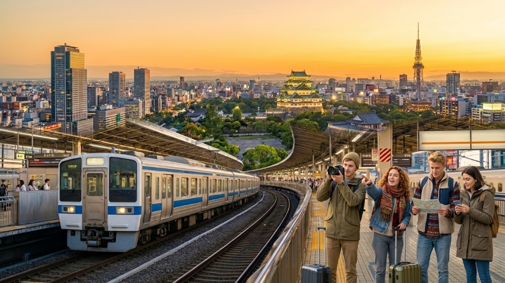 名古屋観光のシンボルと駅：夕方の外国人観光客
