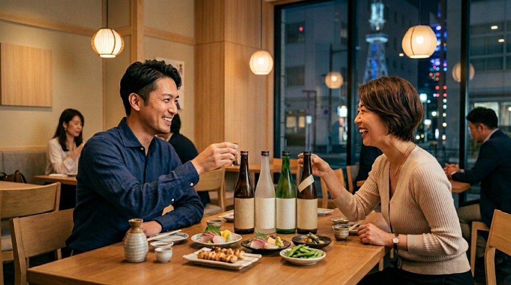 地酒を飲む男女カップル：夜