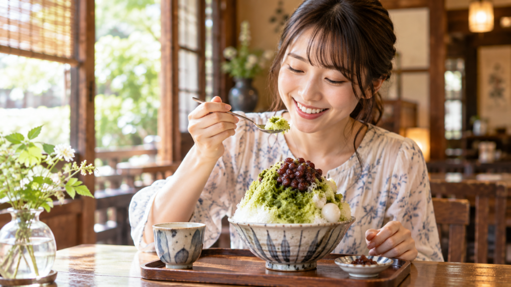 夏の和風カフェでかき氷を食べる女性