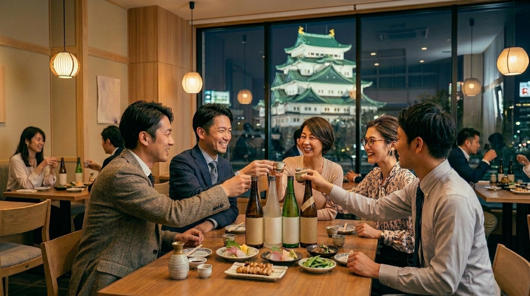 地酒を飲む同僚グループ：名古屋城