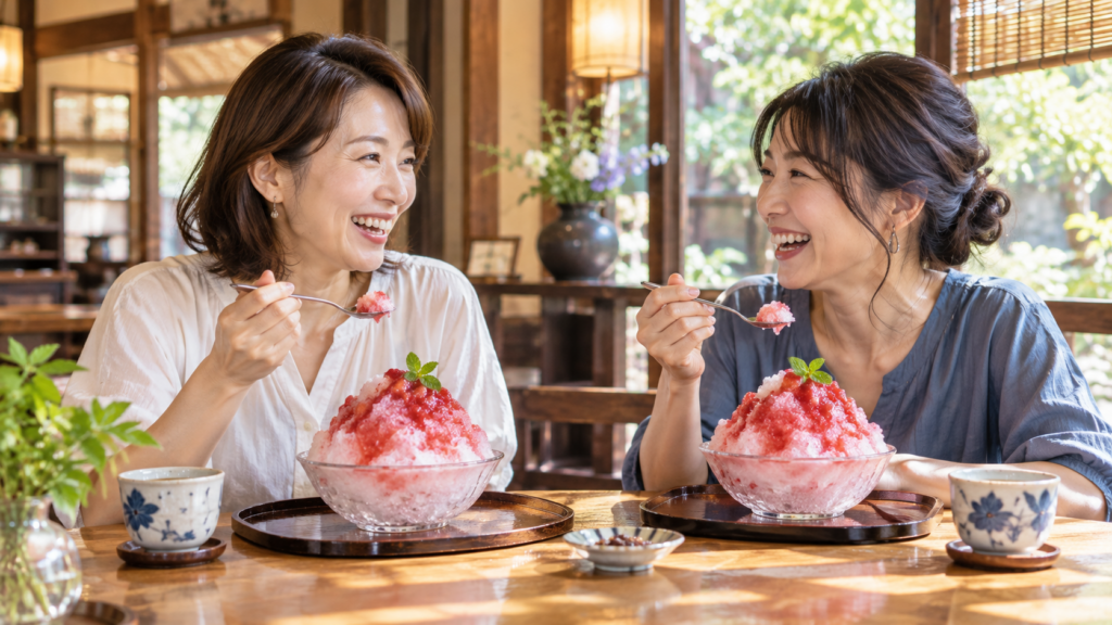 イチゴかき氷を食べる女性2人組